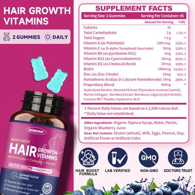 Biotin Gummies for Hair Skin and Nails -Hair Vitamins with Biotin, Zinc, Vitamin A, B6, B12, D3 More - Support Healthy Skin, Hair Growth, Stronger Nails for Women and Men - 90 Blueberry Gummies
