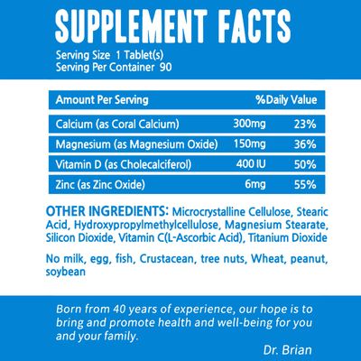 Dr. Brian Calcium Supplement Supports Bone Strength, Calcium Magnesium Zinc with Vitamin D3 Multiminerals Help Teeth Health, Magnesium Supplement, Non-GMO, Soy and Gluten Free (90 Tablets)