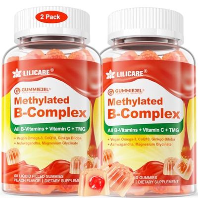 LILICARE Women&#39;s Men&#39;s Super Vitamin B Complex Filled Gummies, Methylated wOmega 3, Magnesium,CoQ10, Ashwagandha,Vitamin C, TMG, Sugar Free - 60 Count (Pack of 2)