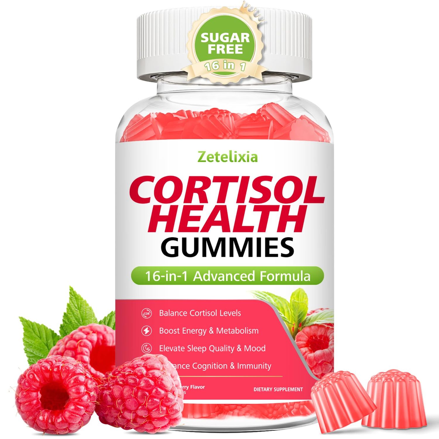 Zetelixia 16-in-1 Cortisol Gummies for Women, Sugar Free Cortisol Gummies Supplement with Ashwagandha, Rhodiola Rosea, Magnesium, L-theanine for Relaxation, Sleep, Cognition, Raspberry Flavor, 60Ct