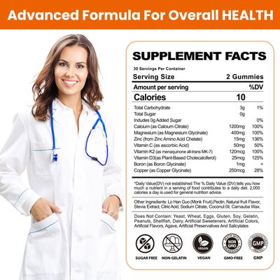 Calcium Magnesium Gummies for Women Men: 1200mg Calcium Citrate Zinc with Vitamin C D3 K2 - Vegan Sugar Free High Absorption Supplement(120Count)