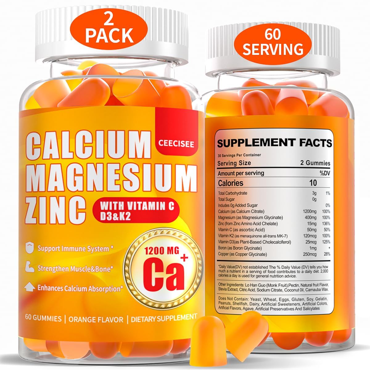 Calcium Magnesium Gummies for Women Men: 1200mg Calcium Citrate Zinc with Vitamin C D3 K2 - Vegan Sugar Free High Absorption Supplement(120Count)