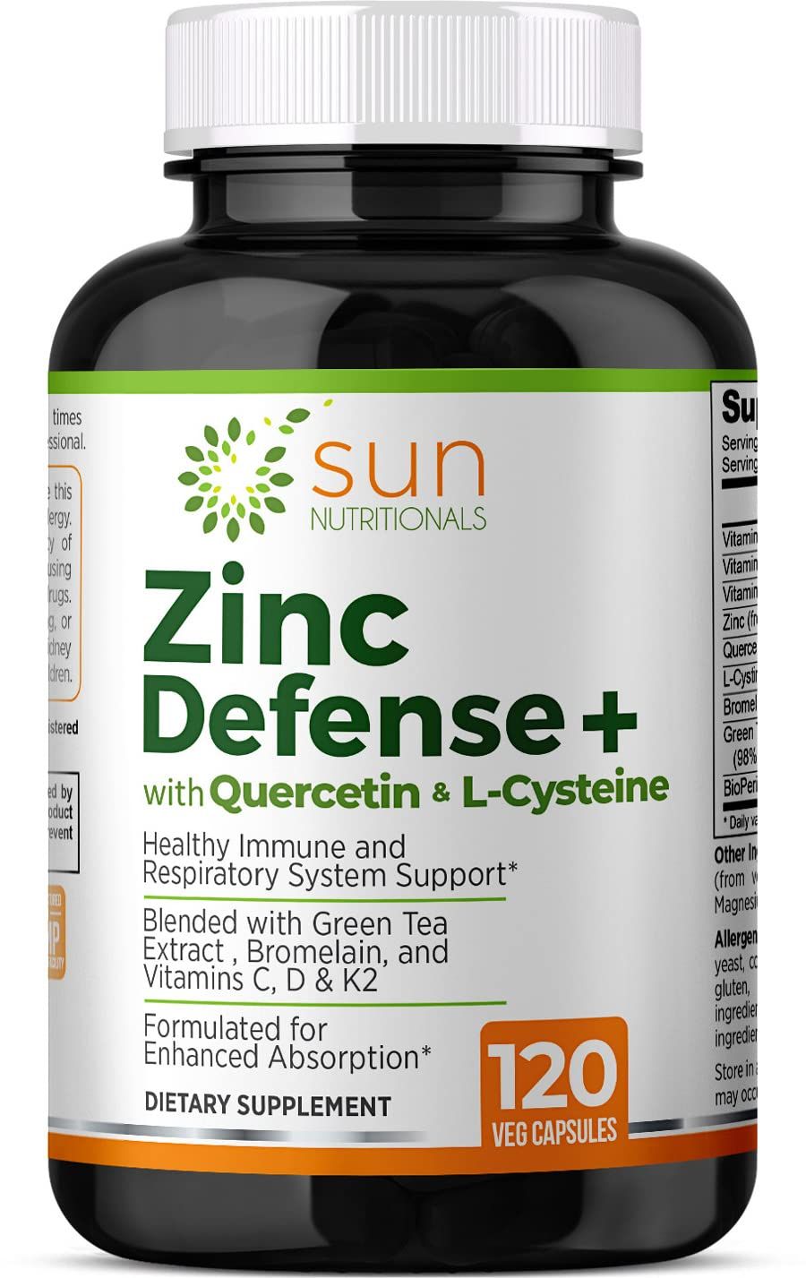 Sun Nutritionals Zinc Defense with Quercetin, Bromelain, L-Cysteine, EGCG (Green Tea Extract), Vitamins C, D3 K2, 2-Month Supply, 120 VCaps, Non-GMO, Gluten Free