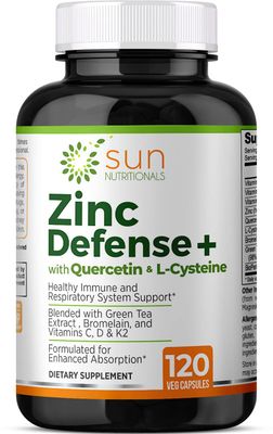 Sun Nutritionals Zinc Defense with Quercetin, Bromelain, L-Cysteine, EGCG (Green Tea Extract), Vitamins C, D3 K2, 2-Month Supply, 120 VCaps, Non-GMO, Gluten Free