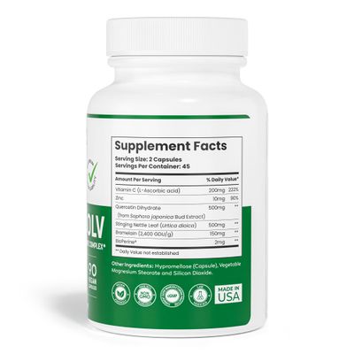 ALLERSOLV Quercetin with Bromelain Advanced Allergy Immune Complex - Non-GMO Quercetin with Vitamin C and Zinc, Stinging Nettle Leaf - Quercetin 500mg Natural Allergy Supplements - 90 Veggie Caps