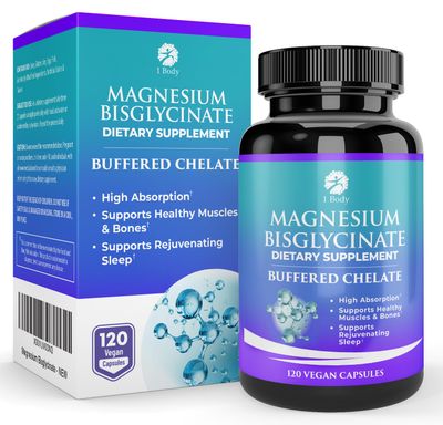 1 Body Magnesium Bisglycinate Supplement, 44 mg Pure Chelated Formula, 120 Capsules, Maximum Absorption, Muscle Cramp Relief