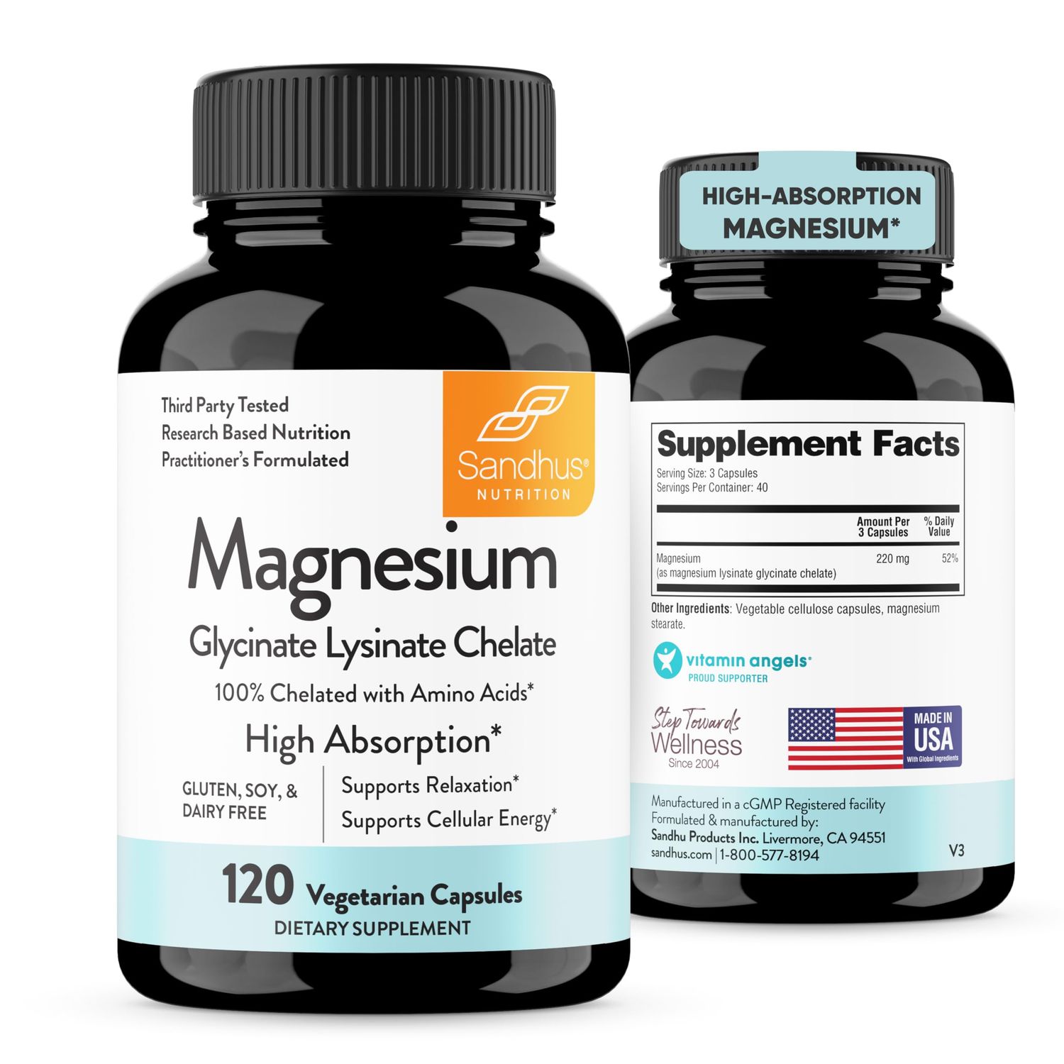 Sandhu&#39;s Magnesium Glycinate Lysinate 120 Easy to Swallow Chelated Vegan Capsules Magnesium Lysine Chelate Supplement for High Absorption for Best Sleep, Leg Cramps, Relaxation