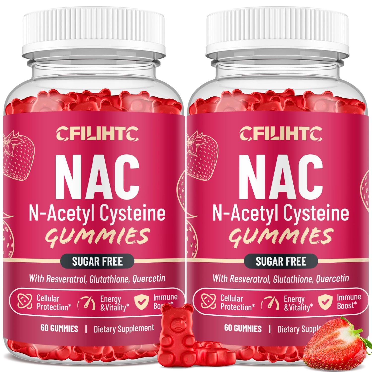 CFILIHTC (2 Pack) NAC Gummies 600mg, N Acetyl Cysteine Supplement with Glutathione, Resveratrol, Magnesium, CoQ10, NAC Chewable for Antioxidants Immune Support, Strawberry Flavor 120 Gummies