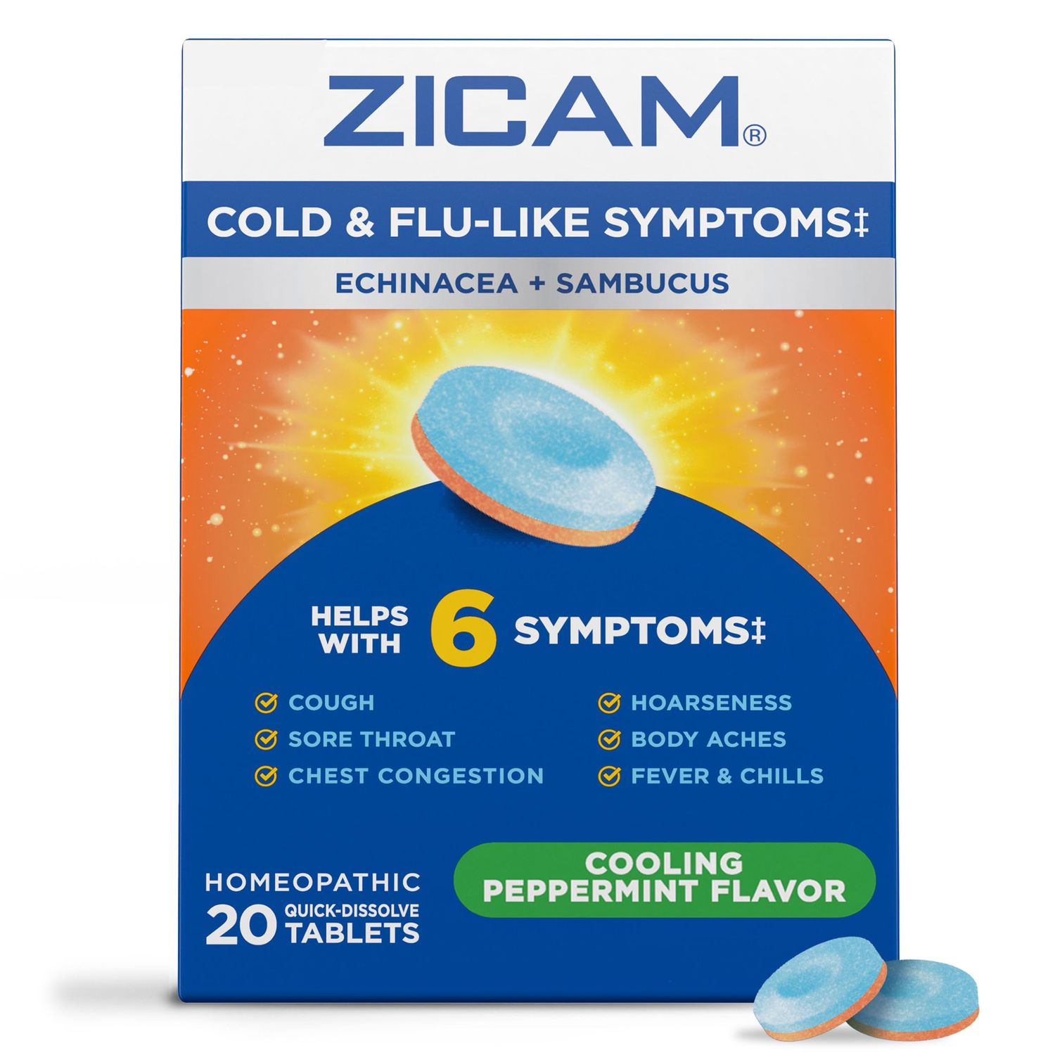 Zicam Cold Flu-Like Symptoms with Echinacea and Sambucus, Homeopathic, Zinc, Cooling Peppermint Flavor, Helps with Cold Symptoms, 20 Tablets