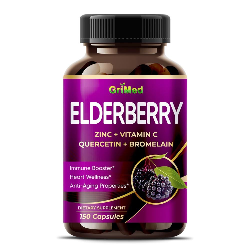 GriMed Elderberry 21,900mg - X15 Power with Zinc, Vitamin C, Quercetin, Bromelain - Immune Booster, Anti-Aging Properties - Made in USA (150 Count (Pack of 1))
