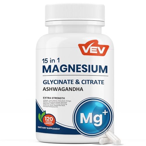 VEV Magnesium Glycinate Citrate Cortisol Supplements for Women, Stress and Sleep Support with Ashwagandha L-Theanine, cortisol Manager, 120 Vegan Capsules