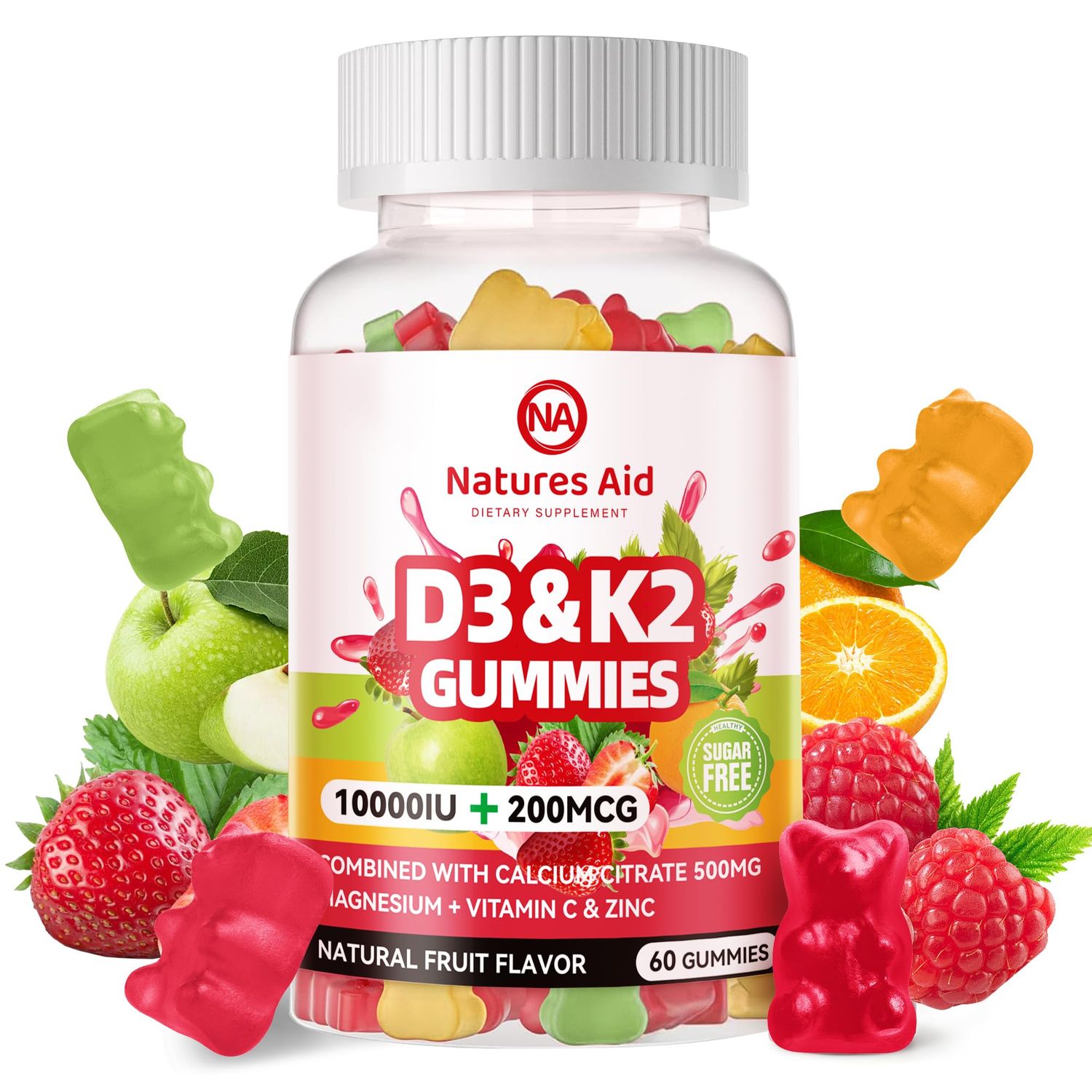 Natures Aid Sugar-Free Vitamin D3 K2 Gummies with Calcium K2 (MK-7), Magnesium Citrate, Vitamin C, Extra Strength - Ultimate Absorption for Bone Muscle Teeth Immune, Vegan - 60 Gummies