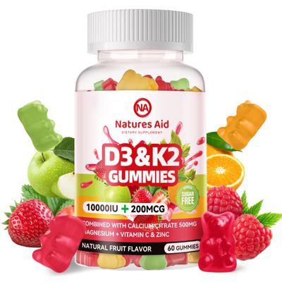 Natures Aid Sugar-Free Vitamin D3 K2 Gummies with Calcium K2 (MK-7), Magnesium Citrate, Vitamin C, Extra Strength - Ultimate Absorption for Bone Muscle Teeth Immune, Vegan - 60 Gummies