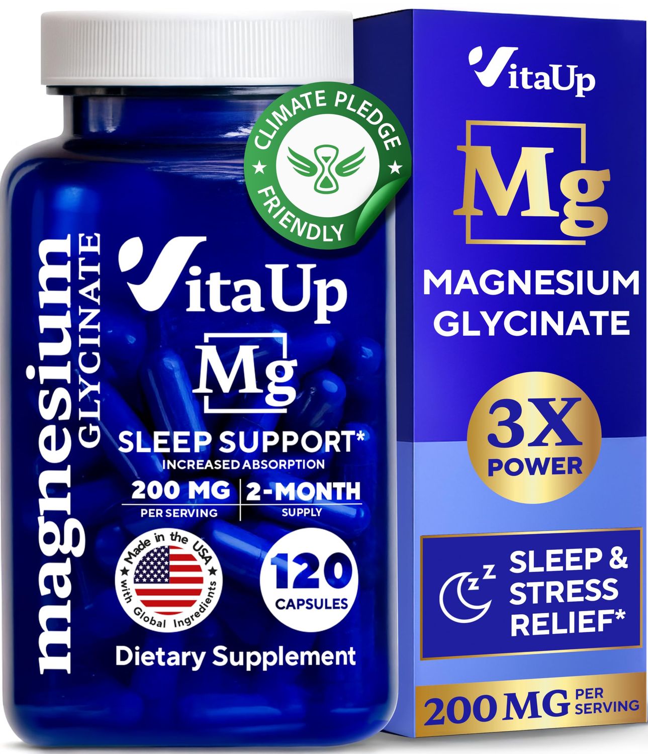 VitaUp Magnesium Glycinate 200mg - USA Made Magnesium Supplement for Sleep, Heart, Bones, Metabolism Support - High Absorption Magnesium Bisglycinate Capsules - 120 Vegan Chelated Capsules