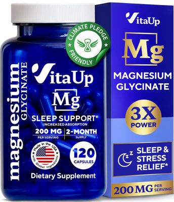 VitaUp Magnesium Glycinate 200mg - USA Made Magnesium Supplement for Sleep, Heart, Bones, Metabolism Support - High Absorption Magnesium Bisglycinate Capsules - 120 Vegan Chelated Capsules