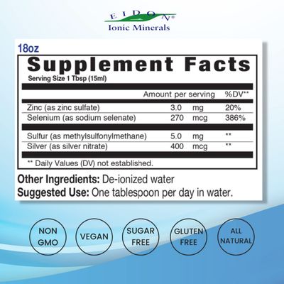Eidon Ionic Minerals Liquid Immune Support Supplement with Zinc, Selenium, Maintains Supports Immune System, Bioavailable, No Additives - 18 oz