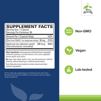 Terry Naturally Zinc Plus Selenium - Immune Respiratory Health Supplement - Mineral Supplement with Zinc Bisglycinate Chelate - Formula with Selenium - 60 Capsules (Pack of 2)