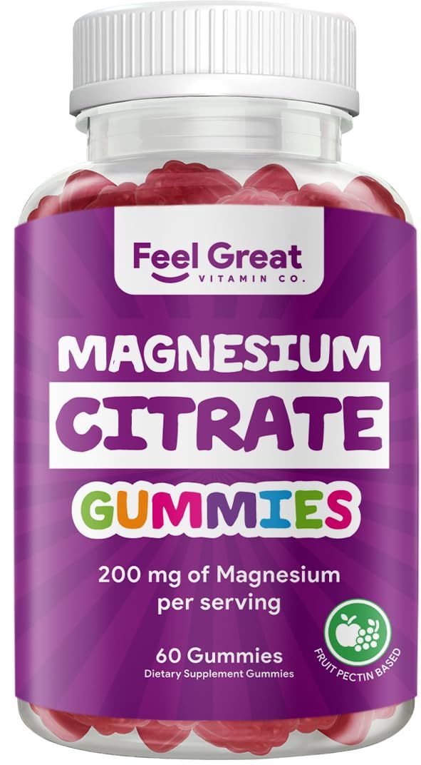 Feel Great Vitamins Magnesium Citrate Gummies - High Absorption for Muscle Relaxation, Calm Sleep Support, Aids Occasional Constipation, Vegan, Non-GMO, 200mg Per Serving - 60 Gummies