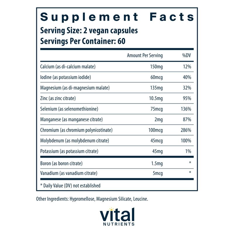 Vital Nutrients Multi-Minerals CitrateMalate Formula (No Copper or Iron) Vegan Daily Multimineral Gluten, Dairy, Soy Free Non-GMO 120 Capsules