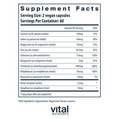 Vital Nutrients Multi-Minerals CitrateMalate Formula (No Copper or Iron) Vegan Daily Multimineral Gluten, Dairy, Soy Free Non-GMO 120 Capsules