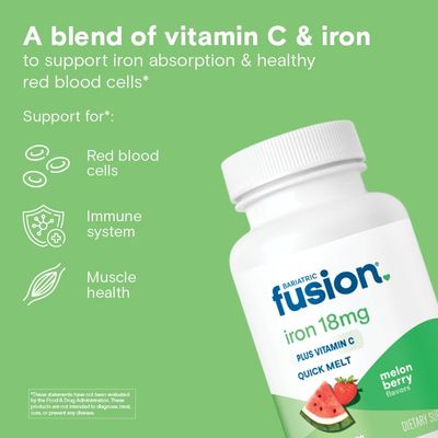 Bariatric Fusion Iron Supplement for Women Quick Melt Sugar Free Dissolvable Chewable Iron Tablets Ferrous Fumarate 18 mg Iron with Vitamin C Melon Berry Gluten, Dairy and Soy Free 90 Count
