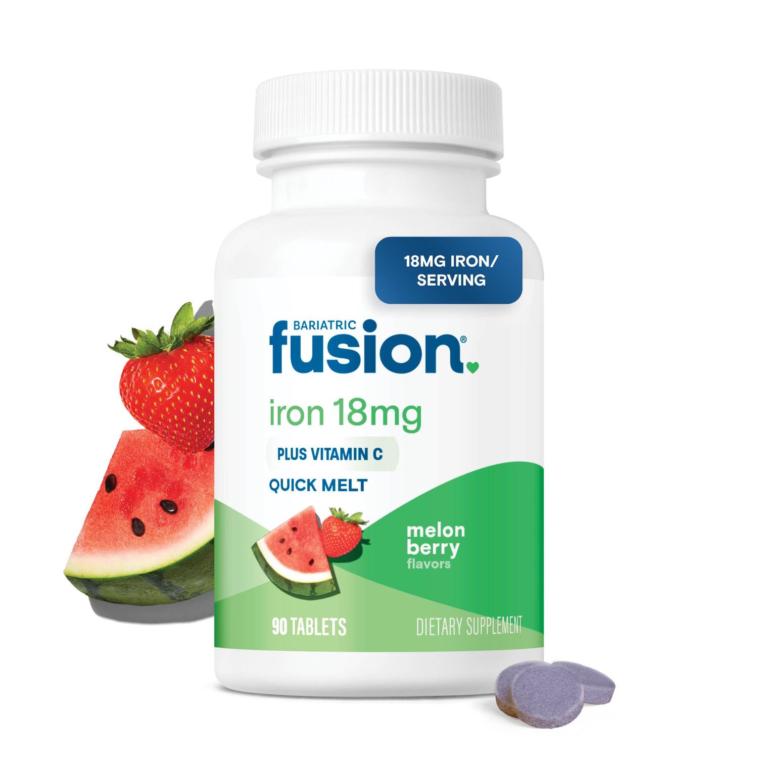 Bariatric Fusion Iron Supplement for Women Quick Melt Sugar Free Dissolvable Chewable Iron Tablets Ferrous Fumarate 18 mg Iron with Vitamin C Melon Berry Gluten, Dairy and Soy Free 90 Count