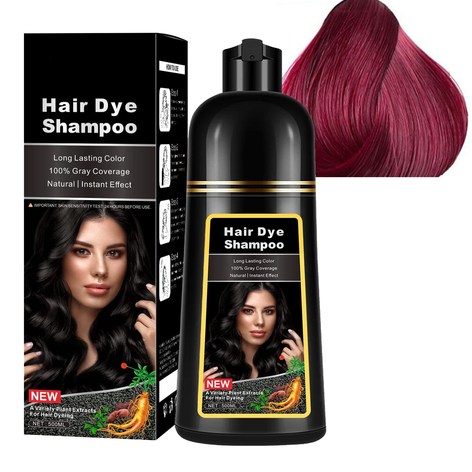 WFWJ Natural Wine Red Hair Dye Shampoo,Magic Hair Dye Shampoo,Colors Hair in 15 Minutes,Long Lasting,500 Ml-3-In-1 Hair Color
