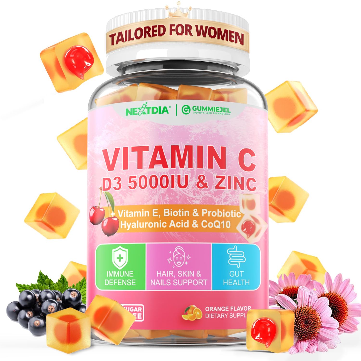 Vitamin C D3 5000IU Zinc Gummies Tailored for Women, Elderberry, Echinacea for Immune, Folate, Hyaluronic Acid, Copper, Vit E for Beauty, CoQ10 for Energy, Overall Health, Sugar Free,Chewable, Natural
