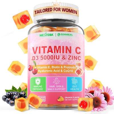 Vitamin C D3 5000IU Zinc Gummies Tailored for Women, Elderberry, Echinacea for Immune, Folate, Hyaluronic Acid, Copper, Vit E for Beauty, CoQ10 for Energy, Overall Health, Sugar Free,Chewable, Natural
