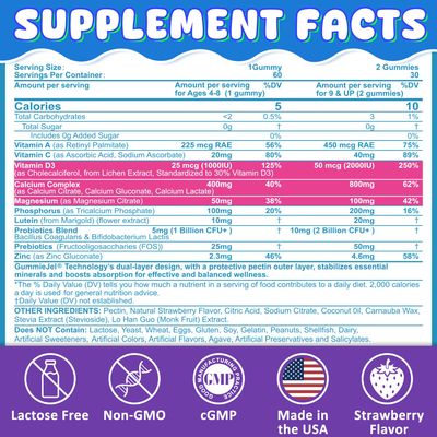 Kids Calcium Gummies D3 Magnesium for 4, with Calcium Citrate Calcium Gluconate, Calcium Lactate, Probiotics Prebiotics for Children Bone Health,Muscle Support,Digestive Health,Sugar Free 60Cts