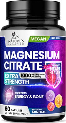 Magnesium Citrate Supplement 1000 mg for Best Absorption, Supports Bone, Heart Health, Nerves, Muscles, Metabolism Calm, Nature&#39;s Pure Magnesio Vitamin Pills, Bottled in USA - 60 Capsules