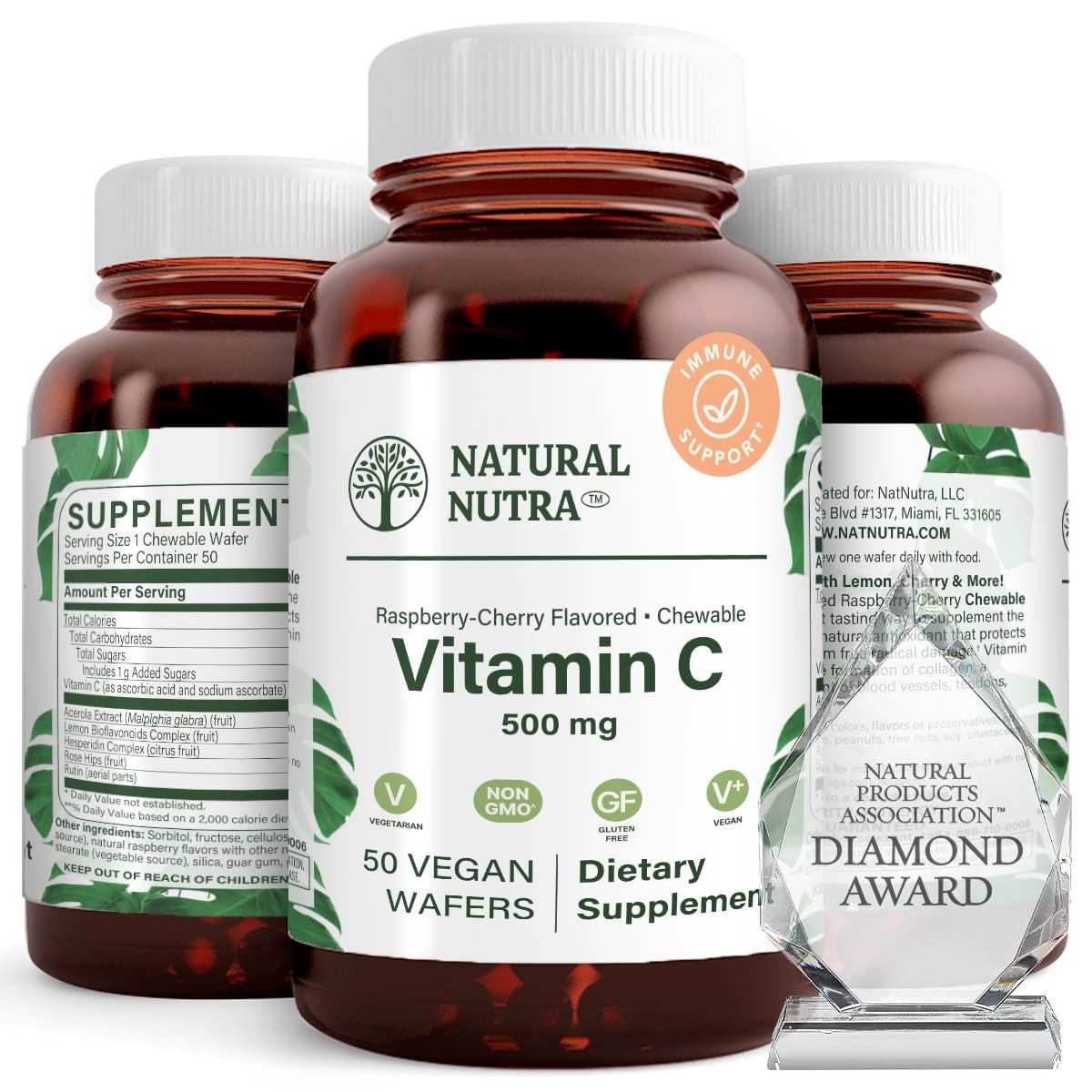 Natural Nutra Vitamin C Supplement for Kids and Adults, Immune Booster, Helps Supports Bone Health, Protect Skin and Heart Health, Improve Skin Texture, Vegetable Source, 500 mg, 50 Vegan Wafers
