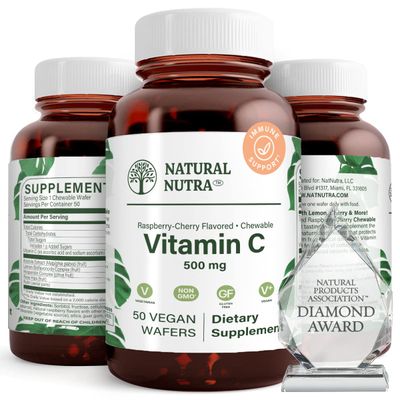Natural Nutra Vitamin C Supplement for Kids and Adults, Immune Booster, Helps Supports Bone Health, Protect Skin and Heart Health, Improve Skin Texture, Vegetable Source, 500 mg, 50 Vegan Wafers