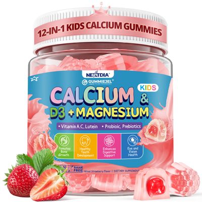 Kids Calcium Gummies D3 Magnesium for 4, with Calcium Citrate Calcium Gluconate, Calcium Lactate, Probiotics Prebiotics for Children Bone Health,Muscle Support,Digestive Health,Sugar Free 60Cts