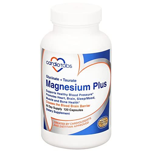Cardiotabs Magnesium Plus - 200 mg of Magnesium Glycinate and Magnesium Taurate for Blood Pressure, Heart, Brain, Sleep Mood Support - Highly Concentrated and Well Absorbed - 120 Capsules
