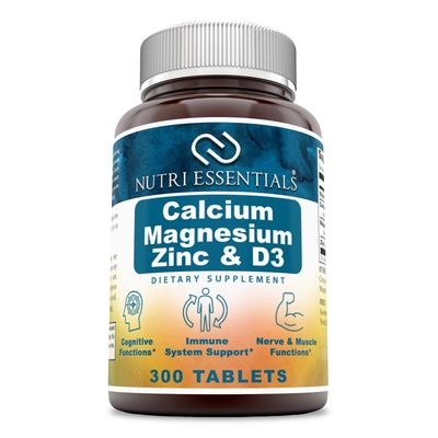 Nutri Essentials Calcium Magnesium Zinc Vitamin D3 Tablets- Promotes Strong Bones Teeth, Support Nerve Muscle Function (300 Count)