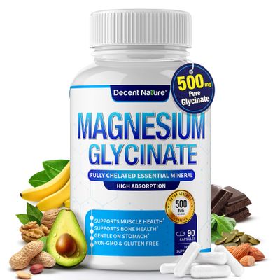 Magnesium Glycinate 500mg Magnesium Supplement - Chelated for High Absorption Bioavailability Support Sleep, Muscle, Bones, Cramps, Recovery Energy, Vegan Non-GMO 90 Capsules