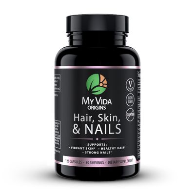 My Vida Origins Hair Skin and Nails Thicker Hair, Stronger Nails, Vibrant Skin Supports Natural Beauty Zinc, Biotin, Vitamin E Vegan 120 Capsules 1 Month Supply