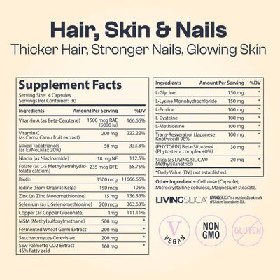 My Vida Origins Hair Skin and Nails Thicker Hair, Stronger Nails, Vibrant Skin Supports Natural Beauty Zinc, Biotin, Vitamin E Vegan 120 Capsules 1 Month Supply