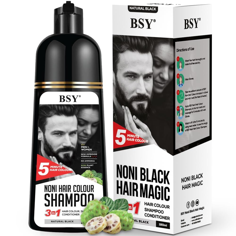 BSY Noni Hair Color Shampoo - 6 fl oz - Pump Pack No Ammonia 3 in 1 - Hair Dye Shampoo, Conditioner for Women and Men Natural Black, Permanent Hair Color for Black Hair