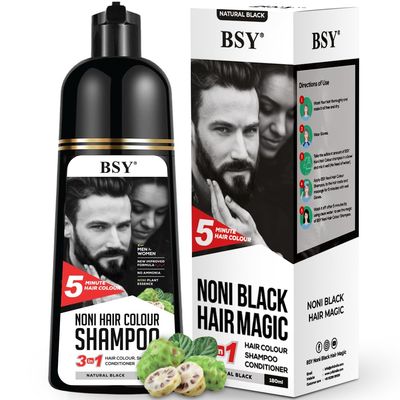 BSY Noni Hair Color Shampoo - 6 fl oz - Pump Pack No Ammonia 3 in 1 - Hair Dye Shampoo, Conditioner for Women and Men Natural Black, Permanent Hair Color for Black Hair