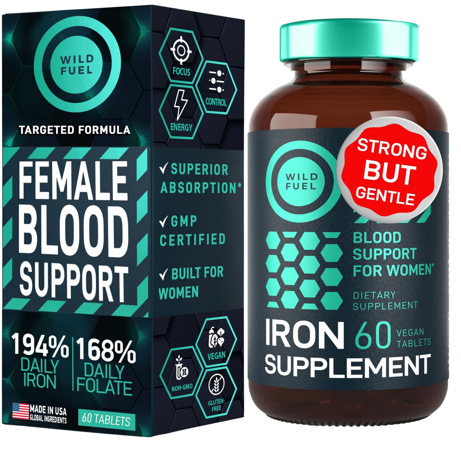 Iron Supplement for Women with Folic Acid - 35 mg Blood Builder Ferrous Sulfate, Folic Acid 400 mcg - Iron Pills for Women with Anemia Pregnancy Support - 60 Gluten-Free, Vegan Iron Vitamin Tablets