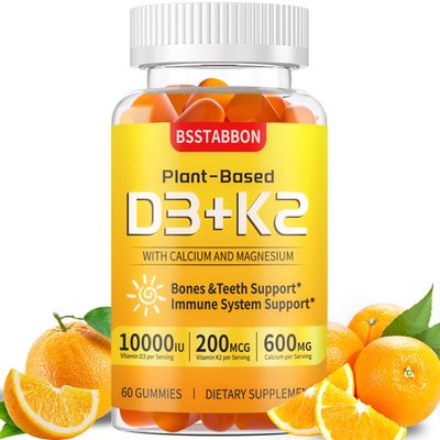BSSTABBON Vitamin D3 K2 Vitamin D3, 250 mcg - Vitamin K2, 200 mcg with Calcium and Magnesium Immune System Support Supplements - Non-GMO Gluten-Free Supplements (60 Count)