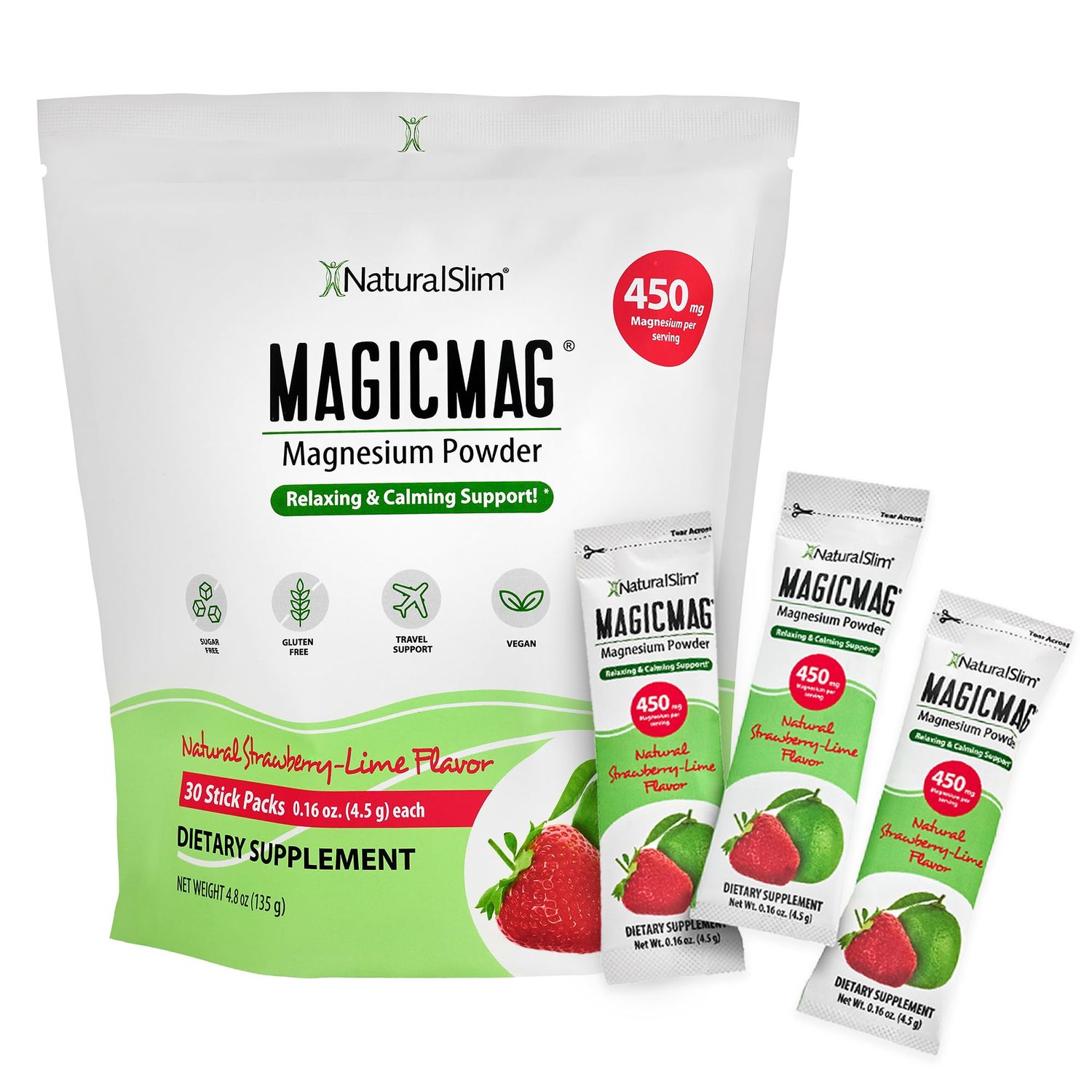 NaturalSlim MagicMag Magnesium Packets 30 Stick Pack Magnesium Citrate Powder - Stress, Constipation, Muscle, Heart Health, and Sleep Support Natural Strawberry Lime Flavored Magnesium Supplement