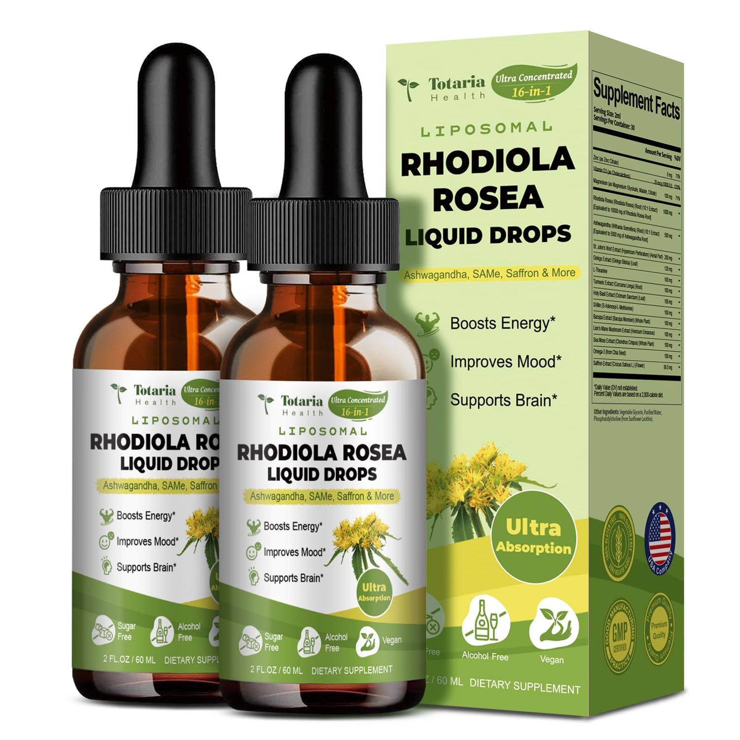 Liposomal Rhodiola Rosea Tincture, Ultra Strength Rhodiola Supplement with Ashwagandha, Saffron, Magnesium, SAM-e, Rhodiola Rosea Extract Liquid Drops for Natural Relaxation, Mood, Energy, Pack of 2