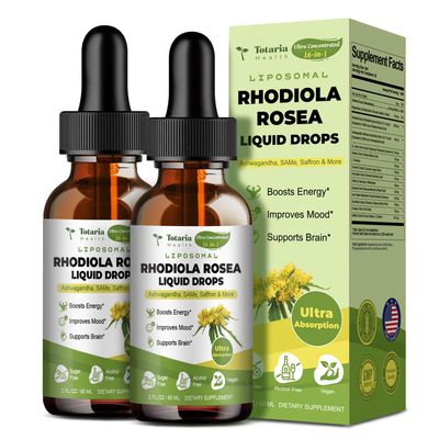 Liposomal Rhodiola Rosea Tincture, Ultra Strength Rhodiola Supplement with Ashwagandha, Saffron, Magnesium, SAM-e, Rhodiola Rosea Extract Liquid Drops for Natural Relaxation, Mood, Energy, Pack of 2