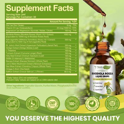 Liposomal Rhodiola Rosea Tincture, Ultra Strength Rhodiola Supplement with Ashwagandha, Saffron, Magnesium, SAM-e, Rhodiola Rosea Extract Liquid Drops for Natural Relaxation, Mood, Energy, Pack of 2