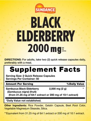 Sundance Sambucus Black Elderberry Capsules 2000mg 100 Count Non-GMO and Gluten Free Supplement