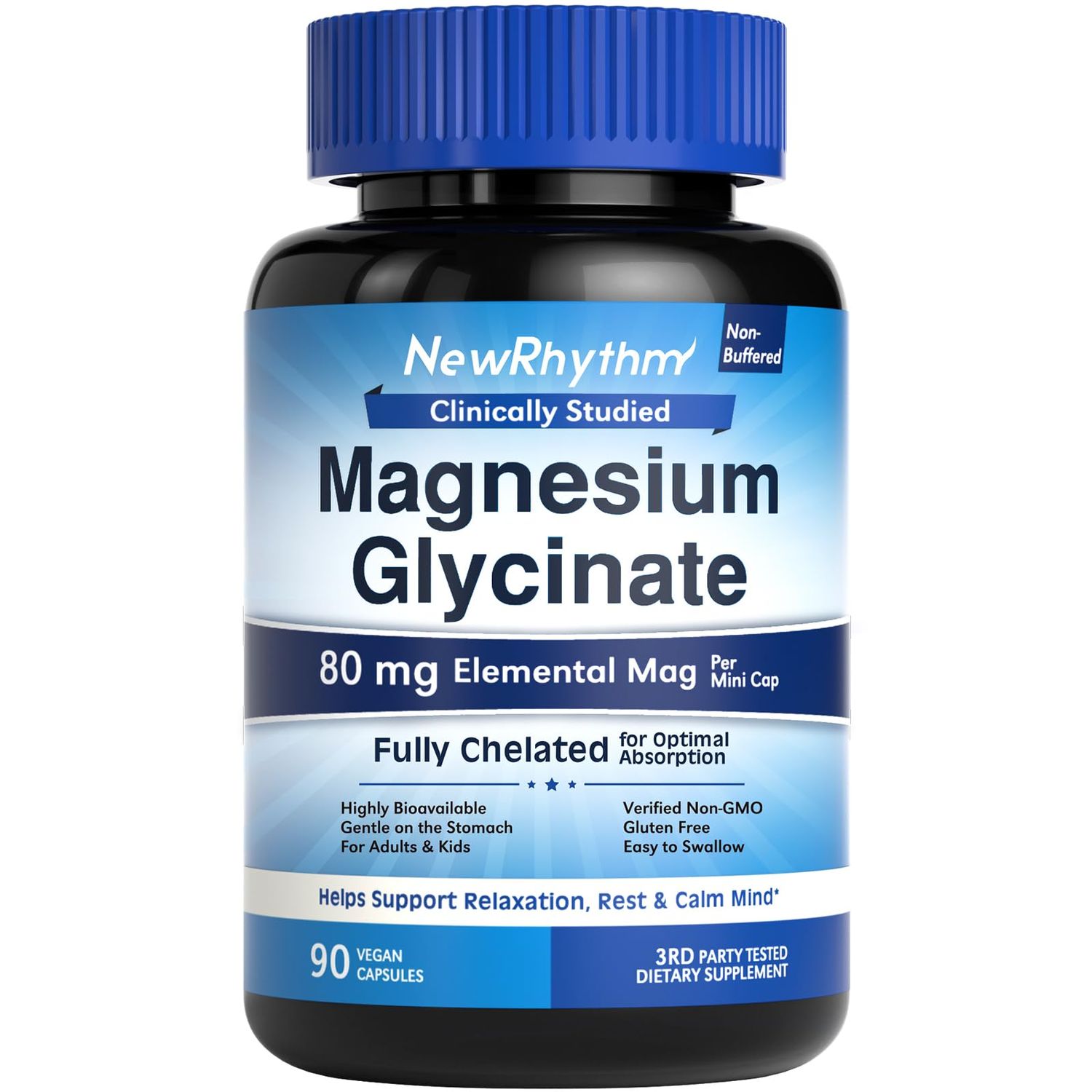 NewRhythm Magnesium Glycinate, 80mg Elemental Mag Per Cap, Fully Chelated, Highly Absorbable, Gentle on The Stomach, Support Rest Mood, for Adults Kids, 90 Vegan Caps