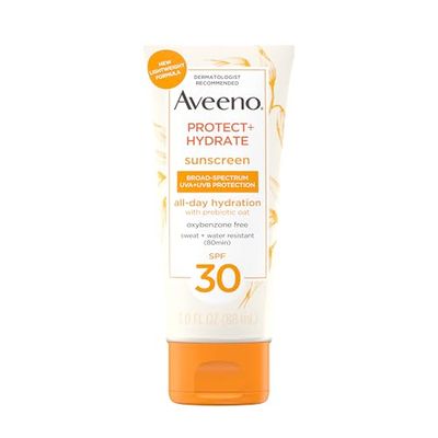 Aveeno Protect Hydrate Moisturizing Body Sunscreen Lotion with Broad Spectrum SPF 30 Prebiotic Oat, Weightless Refreshing Feel, Paraben-Free, Oil-Free, Oxybenzone-Free, 3.0 fl. oz